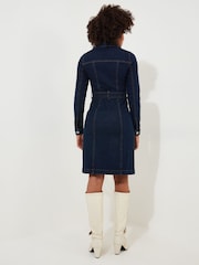 Joe Browns Blue Petite Vintage Zip Front Tie Waist Stretch Denim Dress - Image 4 of 5