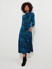 Joe Browns Blue Petite High-Neck Vintage Frill Floral Jersey Midi Dress - Image 1 of 5