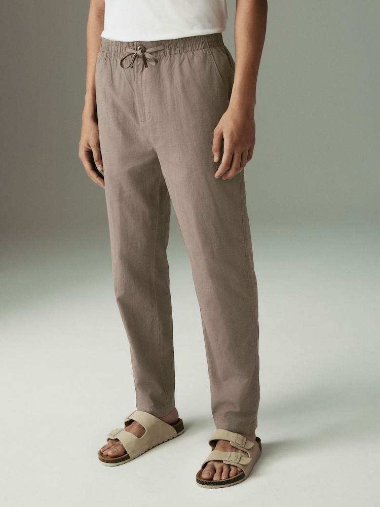Mushroom Brown Regular Tapered Fit Linen Cotton Elasticated Waist Drawstring Trousers - Image 1 of 10