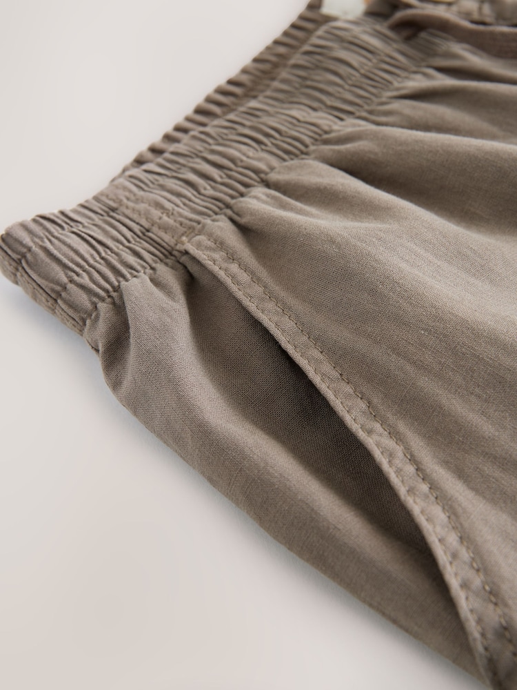 Mushroom Brown Regular Tapered Fit Linen Cotton Elasticated Waist Drawstring Trousers - Image 10 of 10