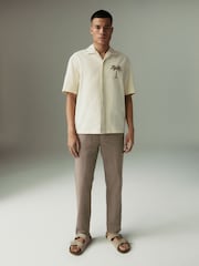Mushroom Brown Regular Tapered Fit Linen Cotton Elasticated Waist Drawstring Trousers - Image 2 of 10