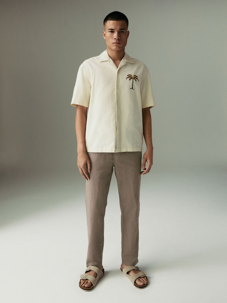 Mushroom Brown Regular Tapered Fit Linen Cotton Elasticated Waist Drawstring Trousers - Image 2 of 10