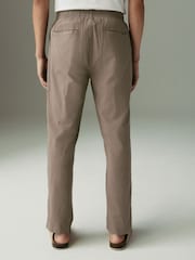 Mushroom Brown Regular Tapered Fit Linen Cotton Elasticated Waist Drawstring Trousers - Image 3 of 10
