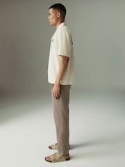 Mushroom Brown Regular Tapered Fit Linen Cotton Elasticated Waist Drawstring Trousers - Image 4 of 10