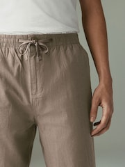 Mushroom Brown Regular Tapered Fit Linen Cotton Elasticated Waist Drawstring Trousers - Image 5 of 10