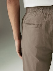 Mushroom Brown Regular Tapered Fit Linen Cotton Elasticated Waist Drawstring Trousers - Image 6 of 10