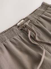 Mushroom Brown Regular Tapered Fit Linen Cotton Elasticated Waist Drawstring Trousers - Image 8 of 10
