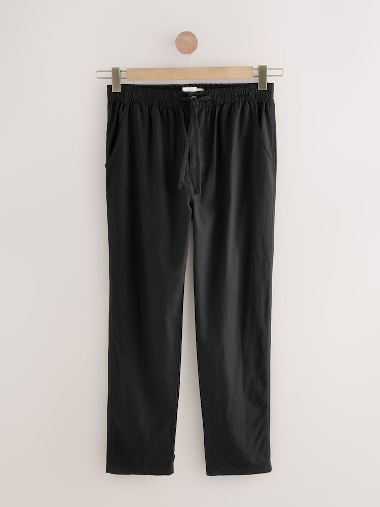 Black Regular Tapered Fit Linen Cotton Elasticated Waist Drawstring Trousers - Image 1 of 13