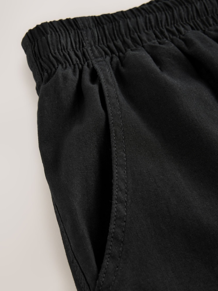 Black Regular Tapered Fit Linen Cotton Elasticated Waist Drawstring Trousers - Image 13 of 13