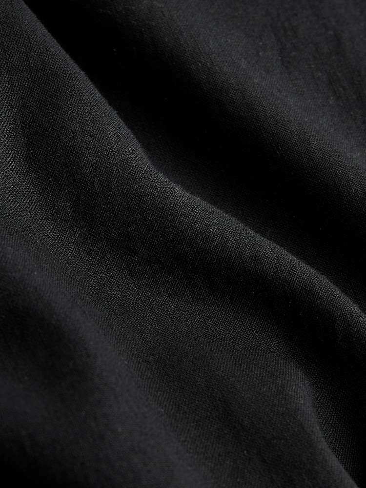Black Regular Tapered Fit Linen Cotton Elasticated Waist Drawstring Trousers - Image 2 of 13