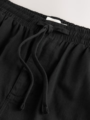 Black Regular Tapered Fit Linen Cotton Elasticated Waist Drawstring Trousers - Image 3 of 13