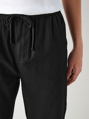 Black Regular Tapered Fit Linen Cotton Elasticated Waist Drawstring Trousers - Image 7 of 13