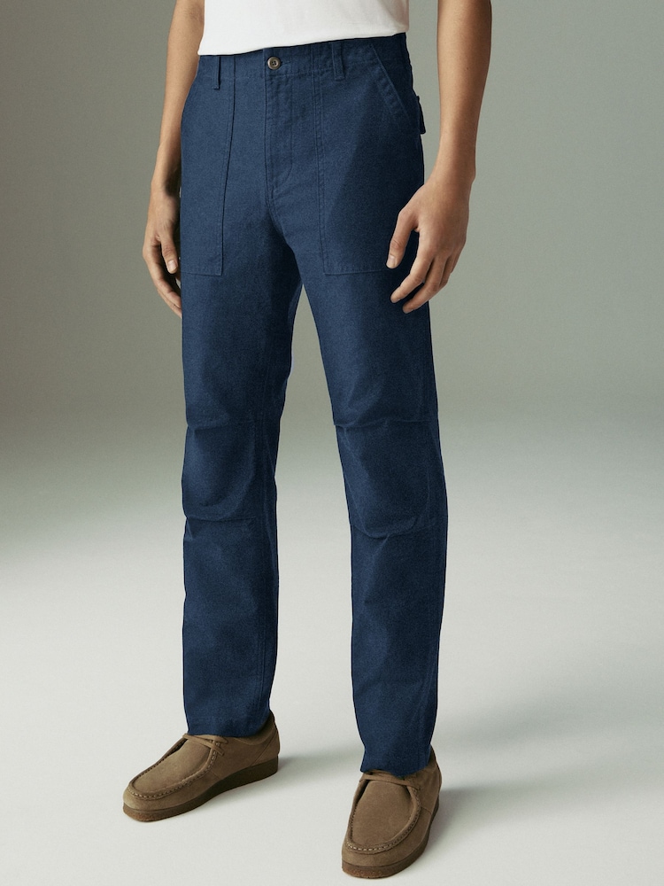 Navy Regular Tapered Fit Fatigue Pocket Workwear Style 100% Cotton Trousers - Image 1 of 12 Navy Regular Tapered Fit Fatigue Pocket Workwear Style 100% Cotton Trousers - Image 1 of 12
