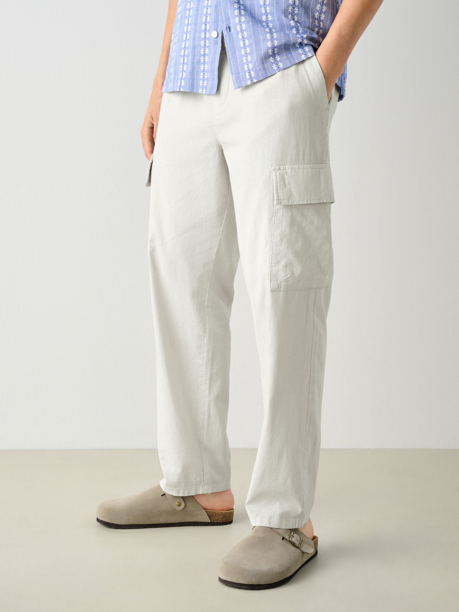 Light Grey Regular Tapered Fit Linen Cotton Cargo Trousers