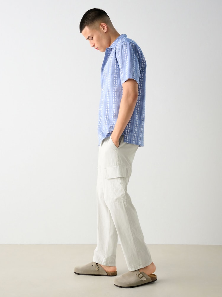Light Grey Regular Tapered Fit Linen Cotton Cargo Trousers - Image 3 of 12