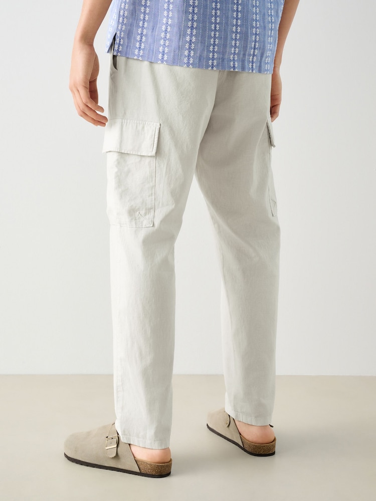 Light Grey Regular Tapered Fit Linen Cotton Cargo Trousers - Image 5 of 12
