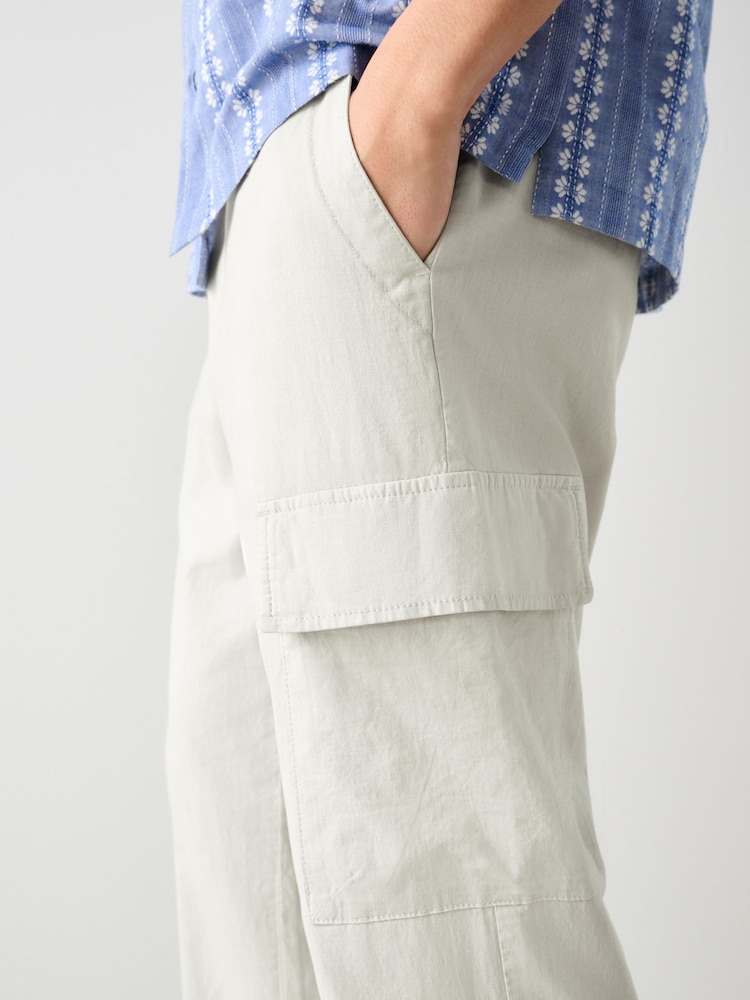 Light Grey Regular Tapered Fit Linen Cotton Cargo Trousers - Image 6 of 12