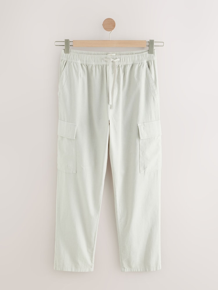 Light Grey Regular Tapered Fit Linen Cotton Cargo Trousers - Image 9 of 12