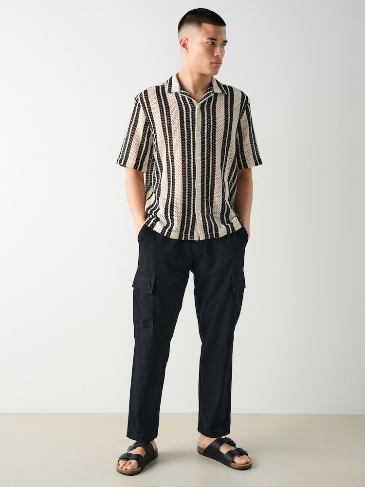 Black Regular Tapered Fit Linen Cotton Cargo Trousers - Image 2 of 10 Black Regular Tapered Fit Linen Cotton Cargo Trousers - Image 2 of 10