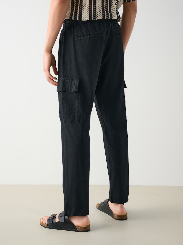 Black Regular Tapered Fit Linen Cotton Cargo Trousers - Image 3 of 10