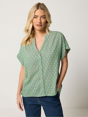 M&Co Green Collarless Short Sleeve Button Through Blouse - Image 1 of 6