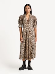 GANNI Brown Leopard Poplin Puff Sleeve Midi Dress - Image 1 of 5