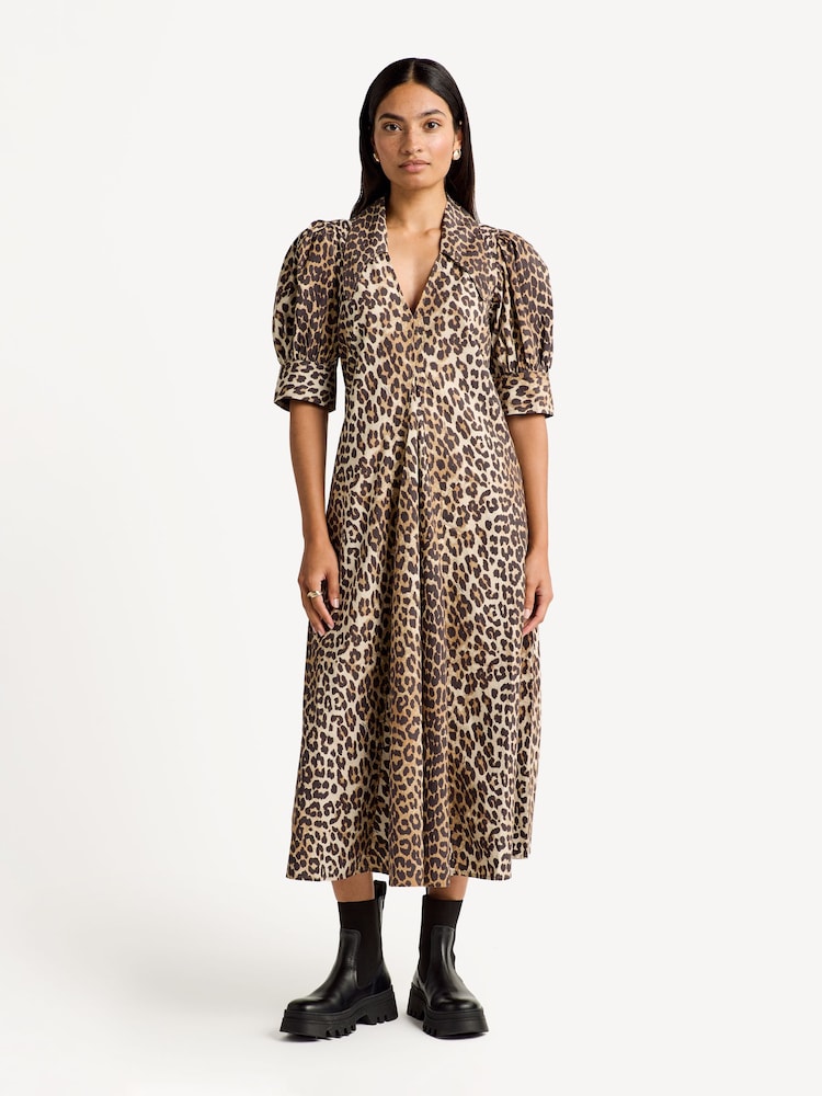 GANNI Brown Leopard Poplin Puff Sleeve Midi Dress - Image 1 of 5