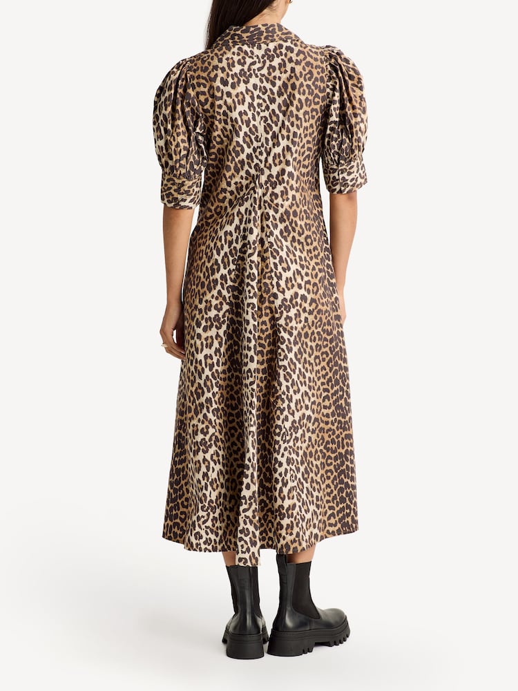 GANNI Brown Leopard Poplin Puff Sleeve Midi Dress - Image 2 of 5