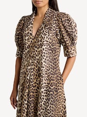 GANNI Brown Leopard Poplin Puff Sleeve Midi Dress - Image 3 of 5