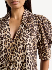 GANNI Brown Leopard Poplin Puff Sleeve Midi Dress - Image 4 of 5