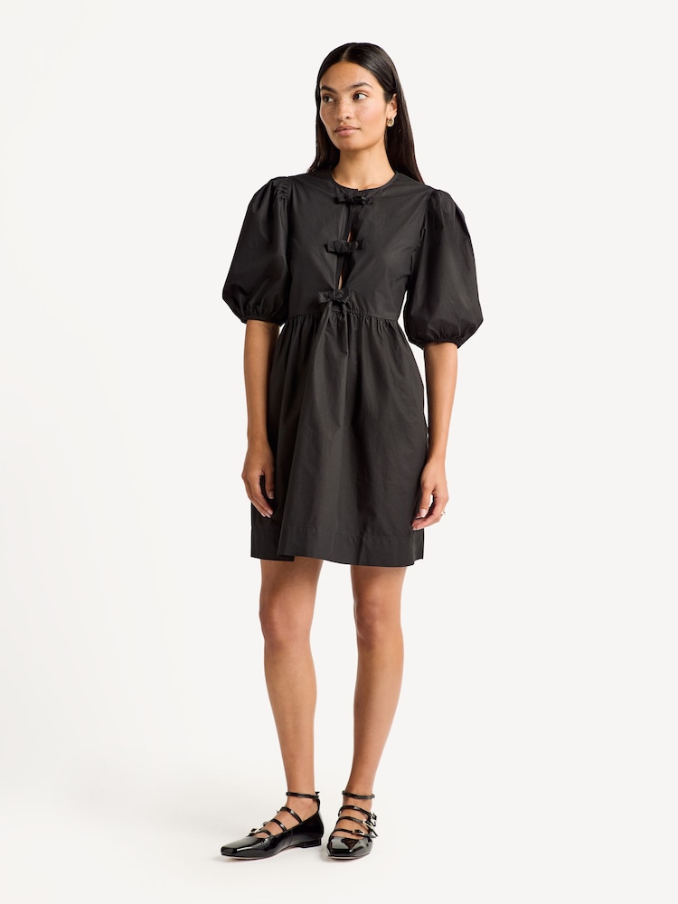 GANNI Black Poplin Tie String Mini Dress - Image 1 of 4