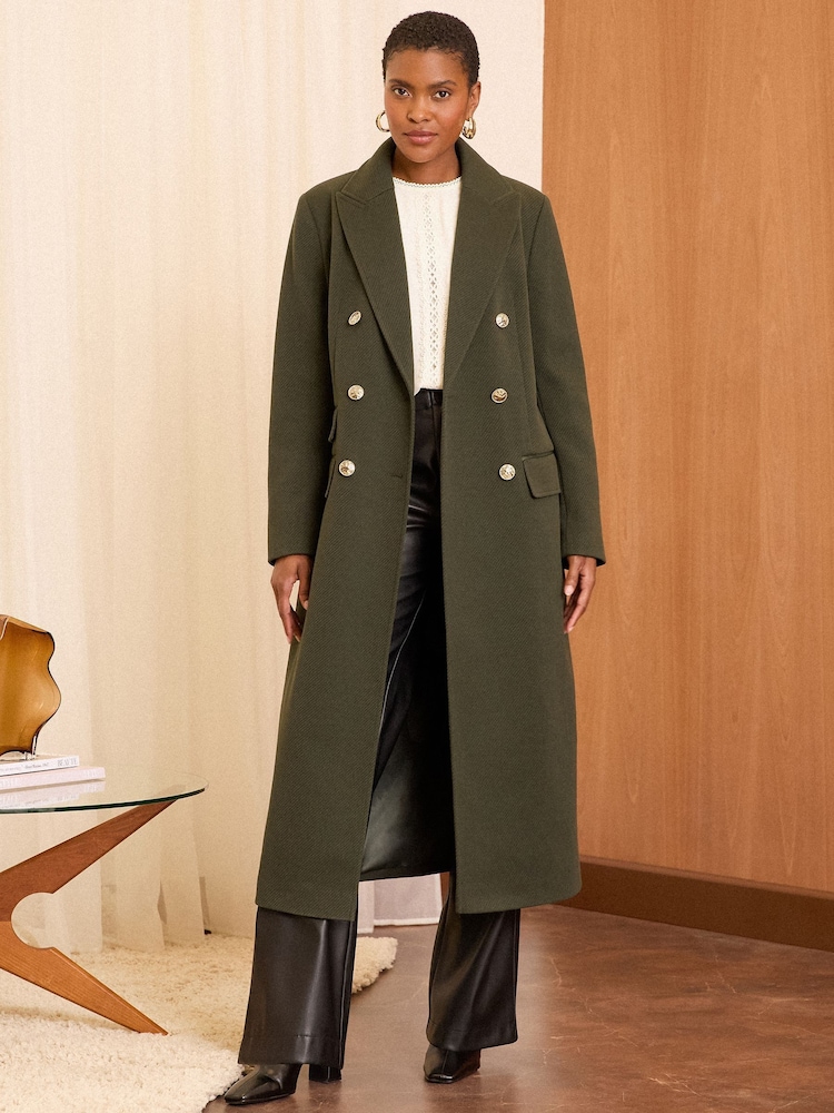 Love & Roses Olive Green Double Breasted Hourglass Longline Coat - Image 1 of 4