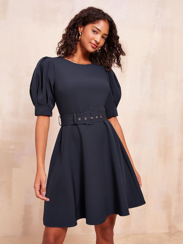 Friends Like These Navy Puff Sleeve Tailored Fit and Flare Dress - Image 3 of 4
