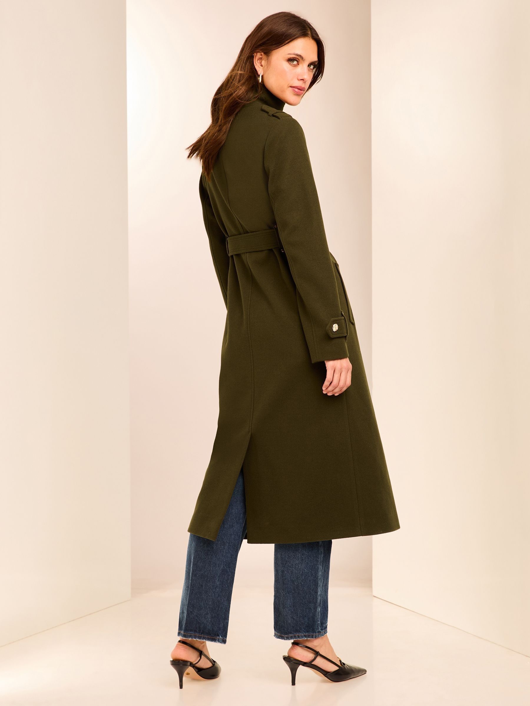 Buy Lipsy Olive Green Petite Funnel Neck Belted Longline Coat from