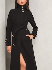 Lipsy Black Funnel Neck Belted Longline Coat - Image 1 of 4