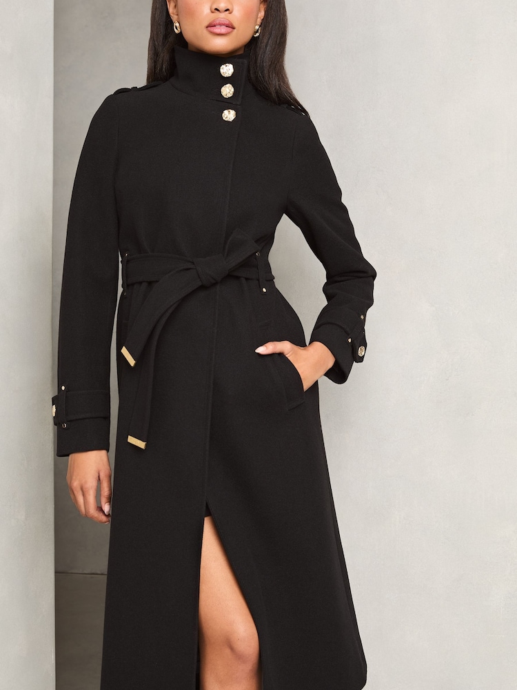 Lipsy Black Funnel Neck Belted Longline Coat - Image 1 of 4