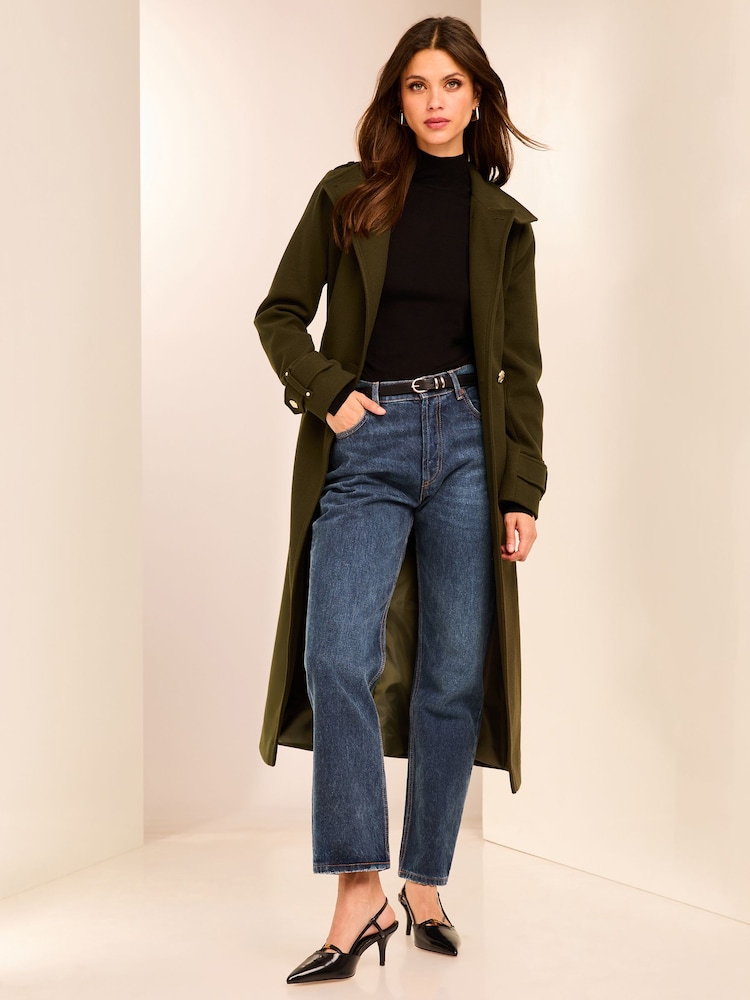 Lipsy Olive Green Funnel Neck Belted Longline Coat - Image 5 of 6