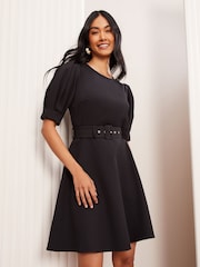 Friends Like These Black Puff Sleeve Tailored Fit and Flare Dress - Image 1 of 4