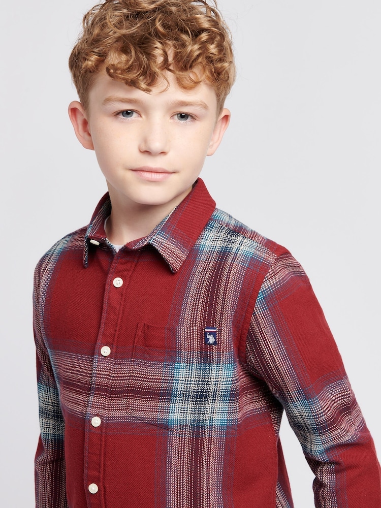 U.S. Polo Assn. Red Boys Ombre Check 100% Cotton Shirt - Image 2 of 8 U.S. Polo Assn. Red Boys Ombre Check 100% Cotton Shirt - Image 2 of 8