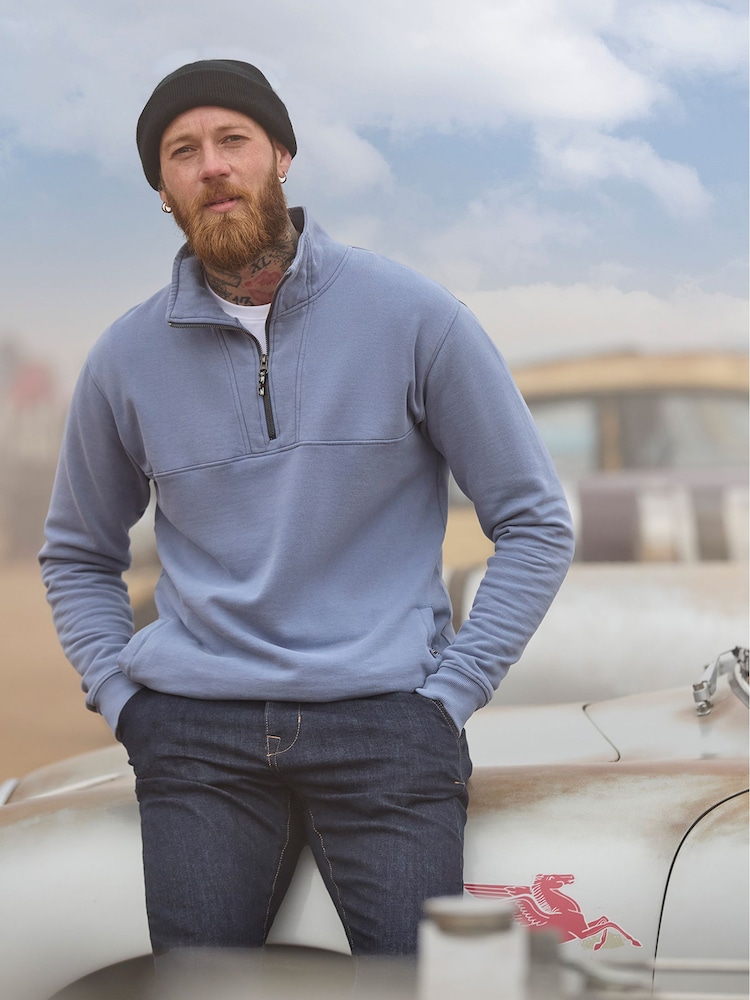 Joe Browns Blue Ribbed Funnel Neck Quarter Zip 100% Cotton Sweat Top - Image 2 of 8