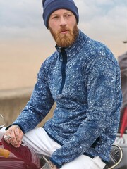 Joe Browns Blue Moroccan Tile Print Pique Quarter Zip 100% Cotton Sweatshirt - Image 1 of 8