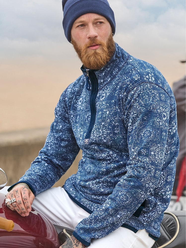 Joe Browns Blue Moroccan Tile Print Pique Quarter Zip 100% Cotton Sweatshirt - Image 1 of 8