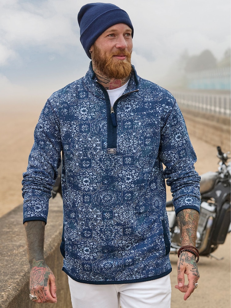 Joe Browns Blue Moroccan Tile Print Pique Quarter Zip 100% Cotton Sweatshirt - Image 2 of 8