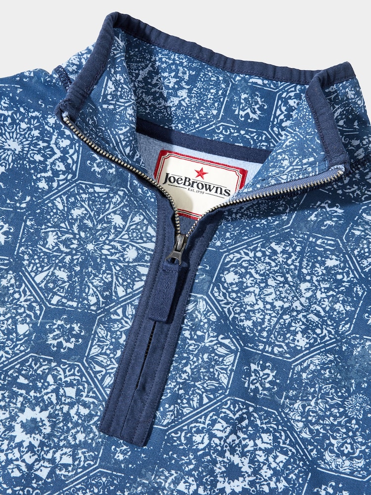 Joe Browns Blue Moroccan Tile Print Pique Quarter Zip 100% Cotton Sweatshirt - Image 8 of 8