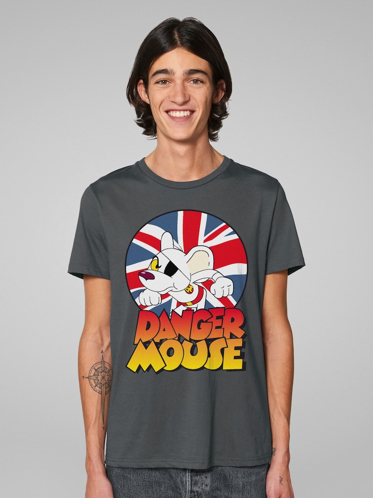 All + Every Grey Danger Mouse Frowning Union Jack Mens 100% Cotton T-Shirt - Image 2 of 4