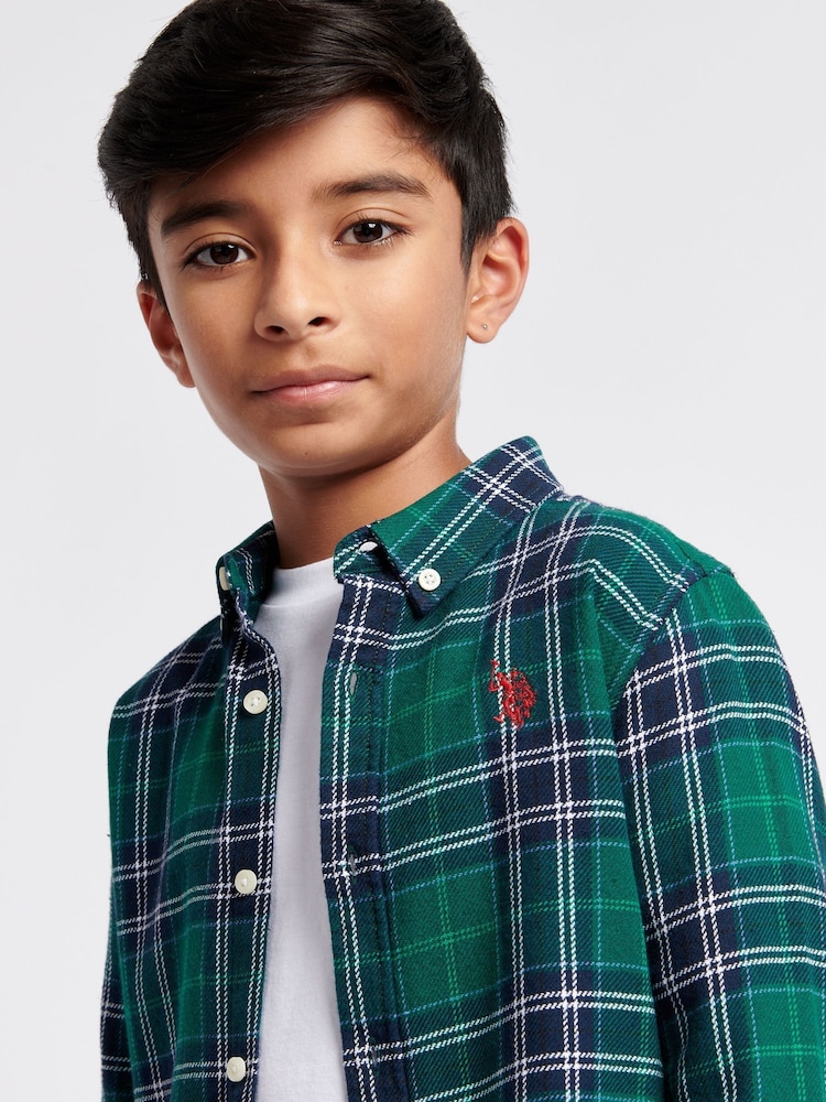 U.S. Polo Assn. Green Boys Brushed Flannel Heavyweight Check 100% Cotton Shirt - Image 4 of 7