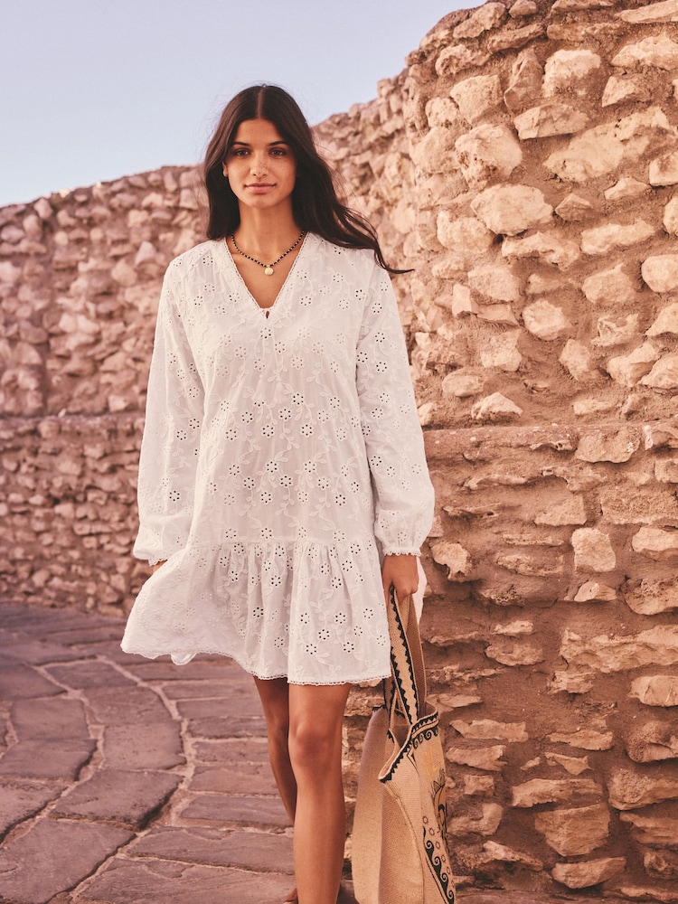 White 3D Cornelli Embelished Long Sleeve Tiered 100% Cotton Mini Dress - Image 1 of 7