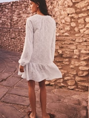 White 3D Cornelli Embelished Long Sleeve Tiered 100% Cotton Mini Dress - Image 2 of 7