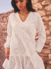 White 3D Cornelli Embelished Long Sleeve Tiered 100% Cotton Mini Dress - Image 3 of 7
