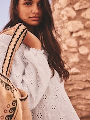 White 3D Cornelli Embelished Long Sleeve Tiered 100% Cotton Mini Dress - Image 4 of 7